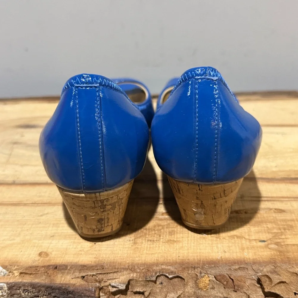 Cole Haan Nike Air Blue Patent Leather Peep‎ Toe Cork Wedges Sz 6B A34